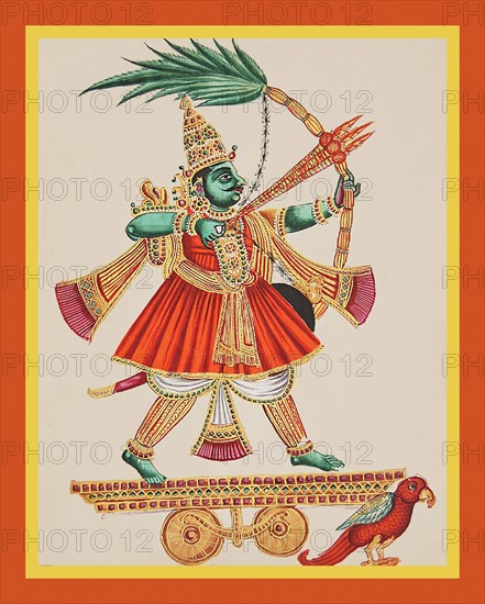 Manmatha rides on a chariot drawn by a red parrot