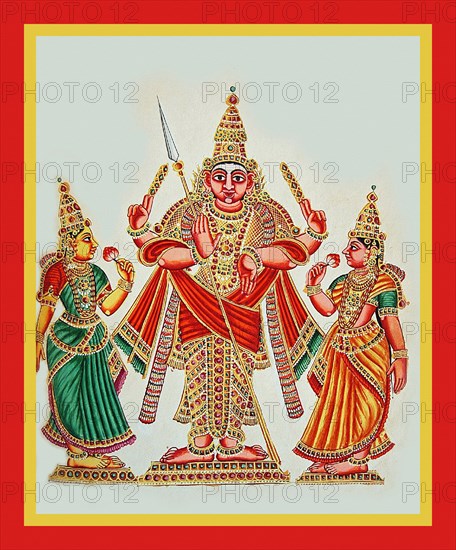 Subrahmanya flanked by the goddess Devasena and Vall