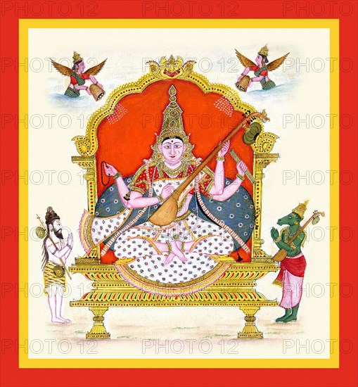 Goddess Sarasvati on a throne