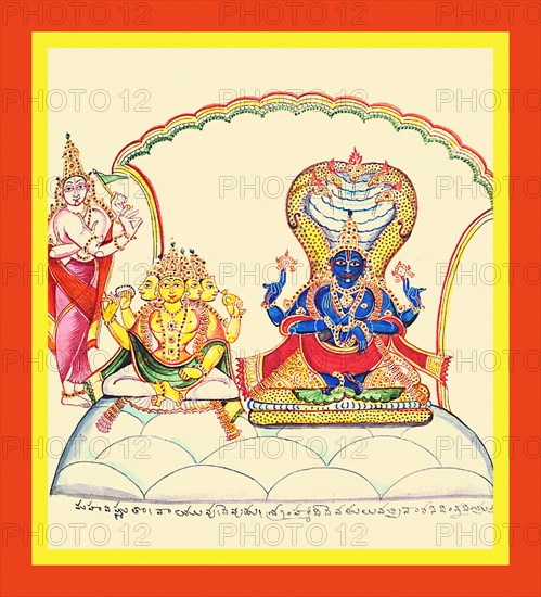 Vishnu seated on the coils of the serpent Shesha