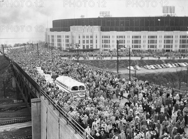 Up until that date, the largest crowd ever to see a professional football game - 82,769 - leaves Cleveland's Municipal Stadium after having seen the Browns defeat San Francisco, 14-7. Cleveland, Ohio, Nov 15, 1948.