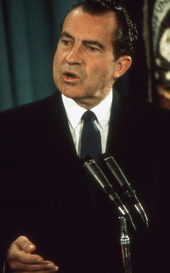 President Richard M. Nixon speaking at a Press Conference. Washington, DC, circa 1970.