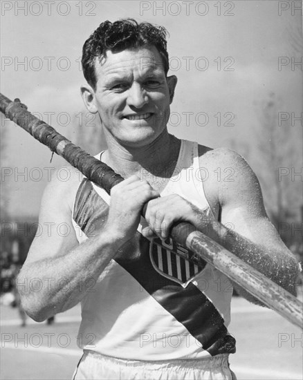 Bob Richards gives a pole vault exhibition at the National Athletic Meet. Seoul, Korea, October 23-25, 1954.