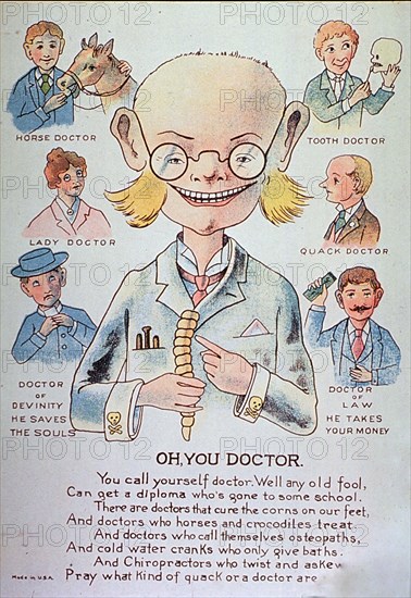 Half-length caricature of a doctor wearing glasses