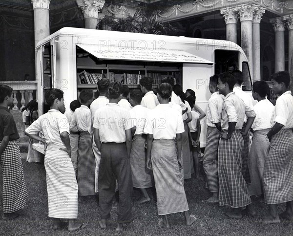 6/19/1953 - Children and Teachers at Bookmobile, Rangoon