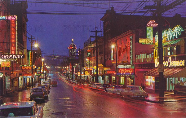 Chinatown at night, Vancouver, B.C. ca. 1950-1959   Credit: UBC Library