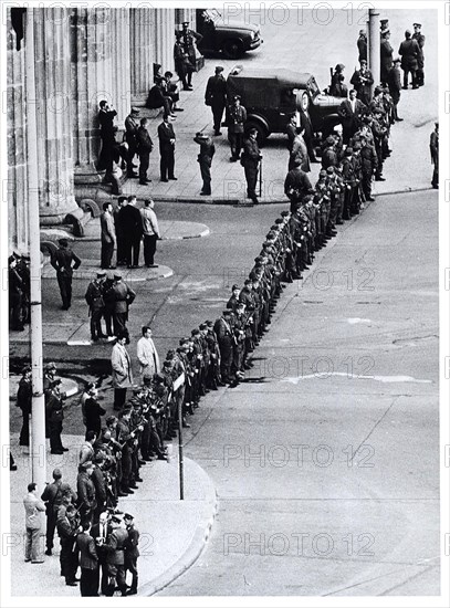 August 1961 - East German Infantrymen Line Up In Close Ranks to Seal Off Berlin's Key Border Crossing Point, the Brandenburg Gate