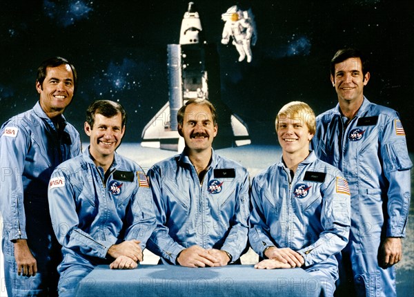 STS-13 (41-C) CREW PHOTO: L TO R: COMMANDER CRIPPEN, ROBERT-L