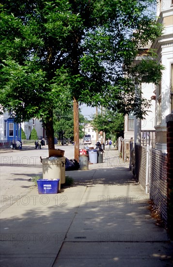 Garbage cans and recycling bins at curb