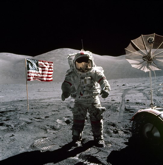 This is an Apollo 17 Astronaut standing upon the lunar surface
