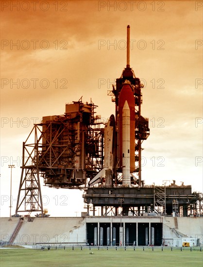 View of the space shuttle Columbia sitting on Launch Pad 39A