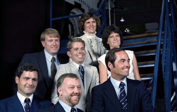 Portrait view of STS 41-G crew in civilian clothes ca. September 1984