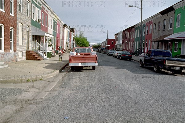 1998 - cars and trucks parked on street in urban neighborhood  (possibly Baltimore, MD)