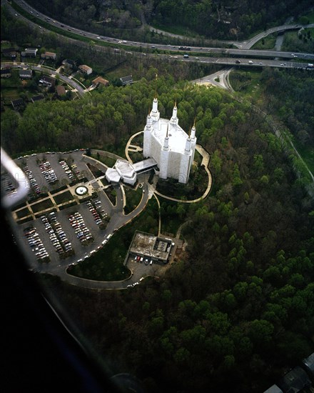 An aerial view of the Church of Jesus Christ of Latter Day Saints Washington Temple.