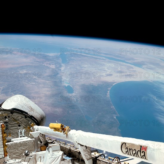 A 70mm out-the-window view showing Israel, the Dead Sea, Sea of Galilee, Jordan River, Sinai, Jordan, the Red Sea and Egypt