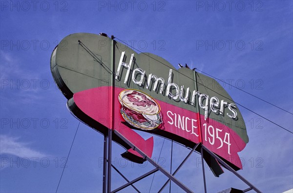 1980s America -  Angelo's Drive-in Burger sign, Fresno, California 1987