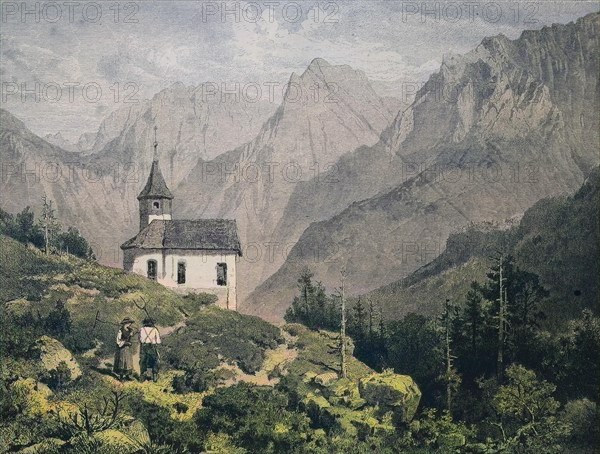 A Farmers Couple Near A Chapel At The Kaiser Mountains