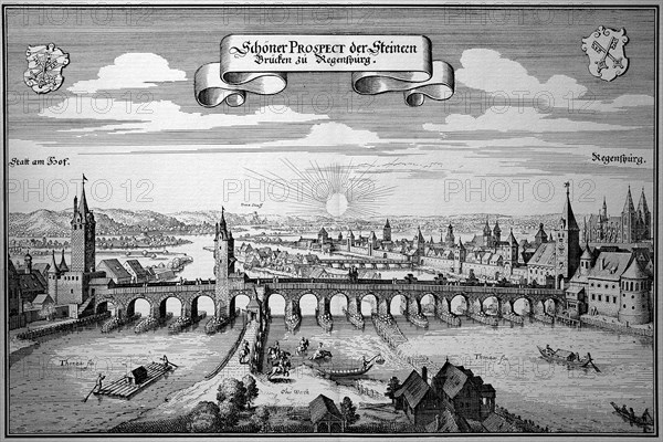 Regensburg With The Danube Bridges In The Middle Ages