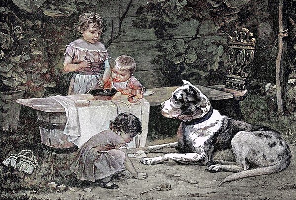 Three Children Play In The Garden