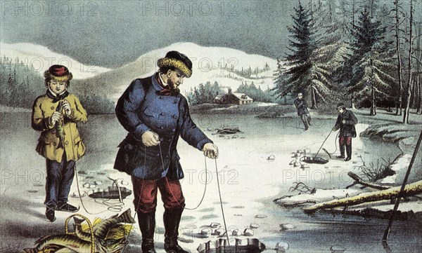 Ice Fishing on a Frozen Lake.