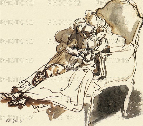 Woman with a Child and a Dog on a Chaise-Longue.