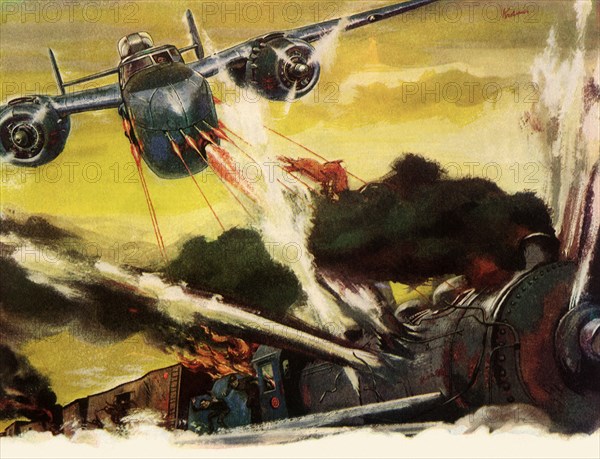 B-25 Mitchell attacking Japanese Train.