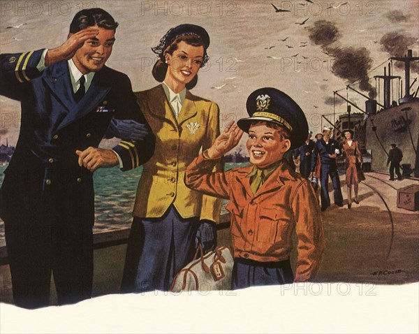 Boy tries on Father's Naval Officer Cap.