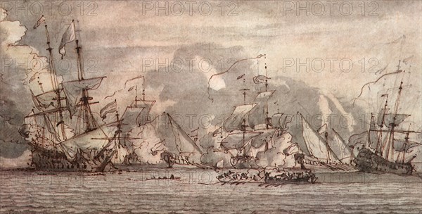 Naval Battle between Four Large Warships and Two Galleys.