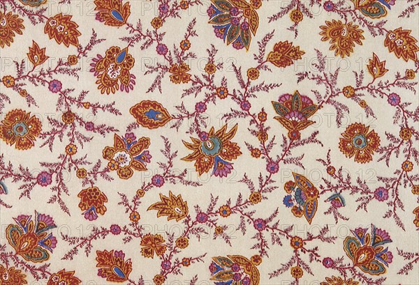 Paisley influenced floral pattern repeat on off white field.