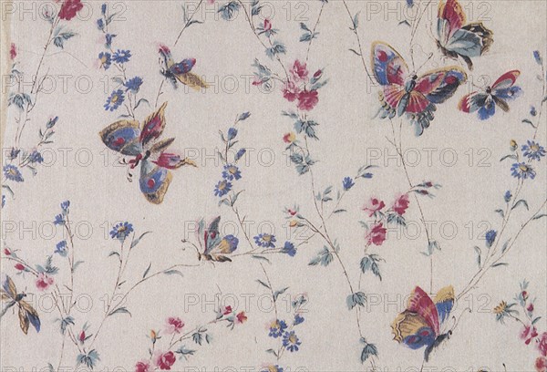 Butterfly and floral repeat pattern on white background.
