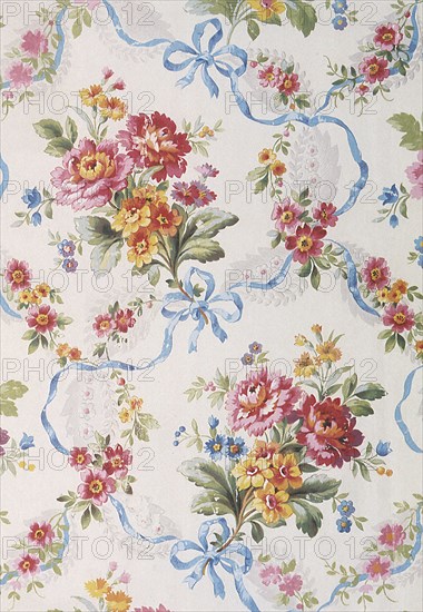 Blue ribbon and Floral bouquet repeat pattern.