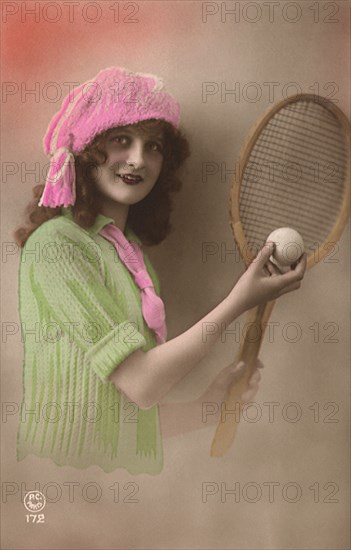French Woman with Tennis Racquet and ball.