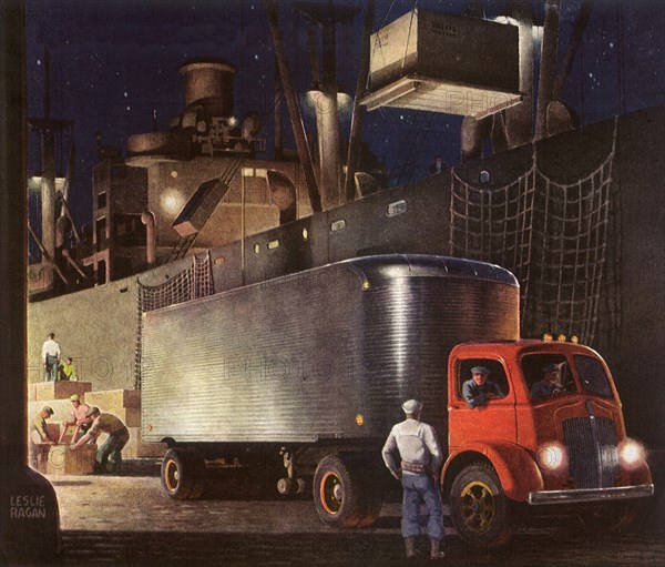 Truck next to Ship loading cargo at night.