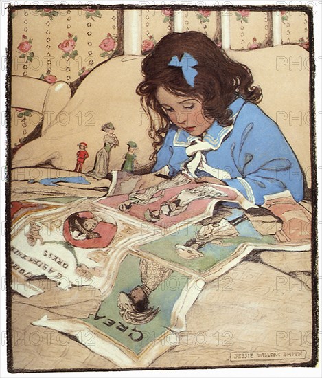 Girl cutting out Pictures from a Magazine.