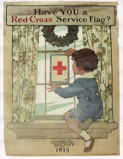 Boy placing Red Cross Service Flag on Window.