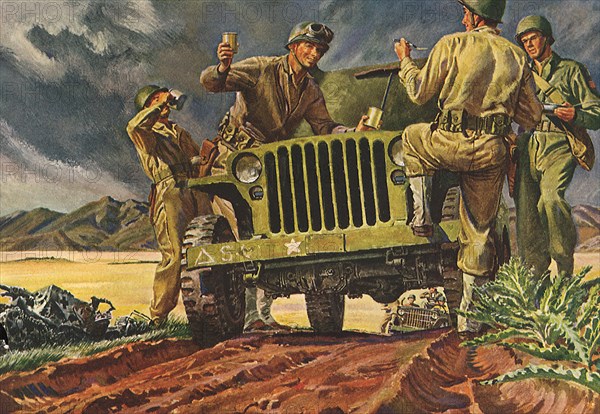 Soldiers take a Break and Eat near Jeep.