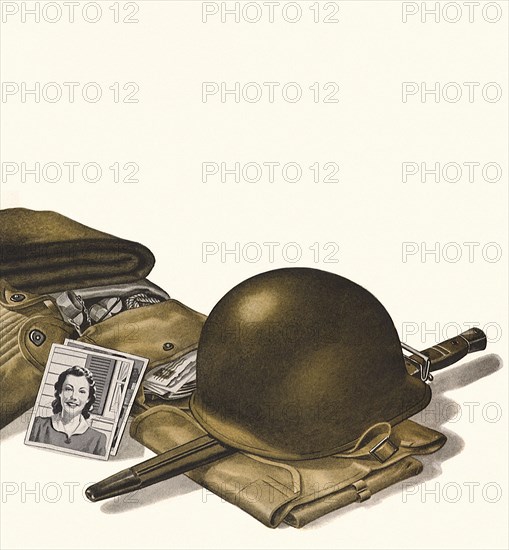 Soldier's Equipment, Helmet, Bayonette, and Photos from Home.