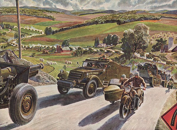 Half-tracks, Motorcycles and Troops on Country Road.