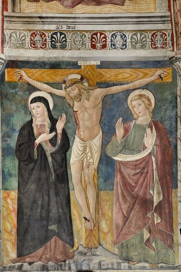 Crucifixion. 15th Century Umbrian School Fresco Cycle. Church of San Giovanni Battista. Arrone. Valnerina. Umbria. Italy