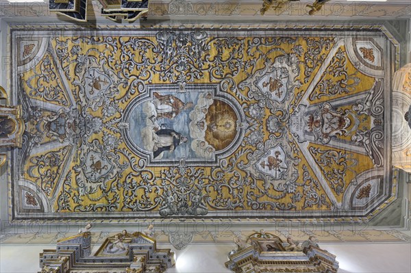 Ceiling of the Church of Saints Nicolò and Martino. Lapedona. Marche. Italy