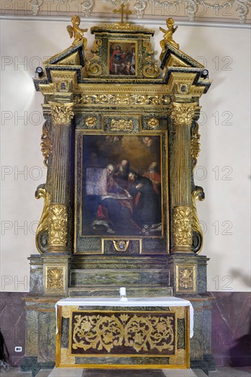 First Altar On the Left Dedicated to Sant'anna. the Altarpiece Represents the Education of the Child Mary. Author Filippo Ricci. Church of Saints Nicolò and Martino. Lapedona. Marche. Italy