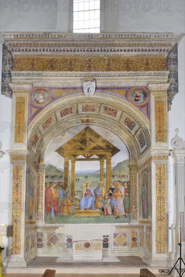 Trevi (Italy, Umbria, province of Perugia), Sanctuary of the Madonna delle Lacrime, Chapel of the Nativity. Perugino, Adoration of the Magi, Saints Peter and Paul, Annunciation, 15th-16th century, fresco