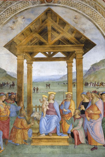 Trevi (Italy, Umbria, province of Perugia), Sanctuary of the Madonna delle Lacrime, Chapel of the Nativity. Perugino, Adoration of the Magi, 15th-16th century, fresco