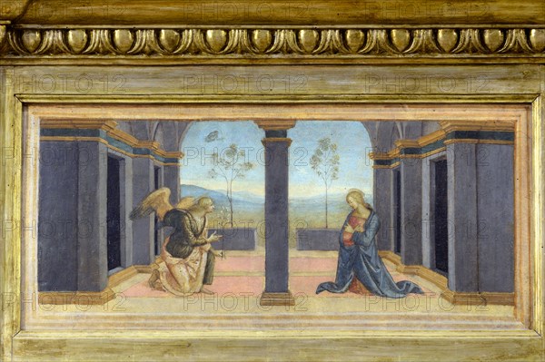 Corciano (Italy, Umbria, province of Perugia), Church of Santa Maria Assunta. Perugino, Assumption of the Virgin, painting on wood. Predella, Annunciation