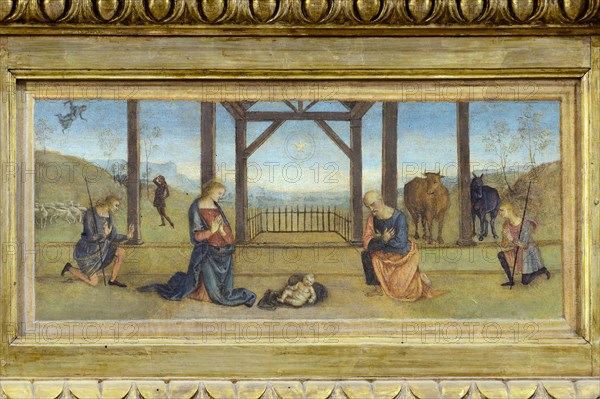 Corciano (Italy, Umbria, province of Perugia), Church of Santa Maria Assunta. Perugino, Assumption of the Virgin, painting on wood. Predella, Nativity