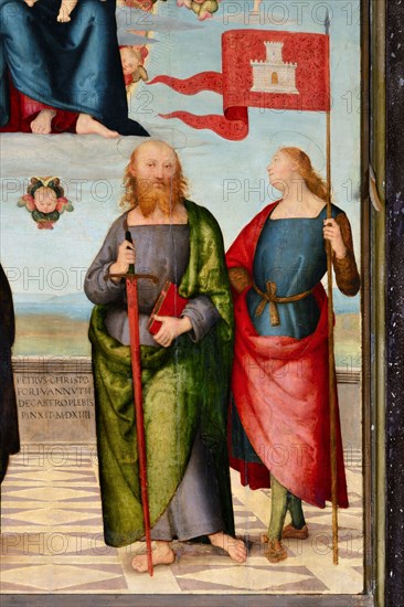 Città della Pieve (Italy, Umbria, province of Perugia), Cathedral of Saints Gervasio and Protasio. Perugino, Madonna and Child with Saints Gervasio, Pietro, Paolo and Protasio, painted on wood. Detail