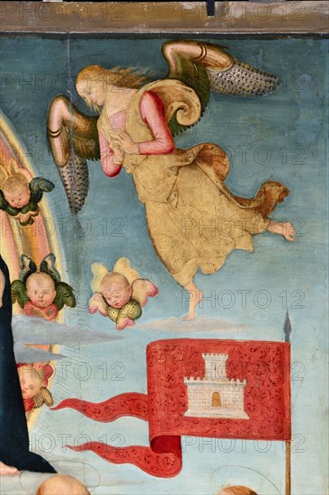 Città della Pieve (Italy, Umbria, province of Perugia), Cathedral of Saints Gervasio and Protasio. Perugino, Madonna and Child with Saints Gervasio, Pietro, Paolo and Protasio, painted on wood. Detail