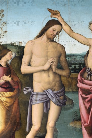 Città della Pieve (Italy, Umbria, province of Perugia), Cathedral of Saints Gervasio and Protasio. Perugino, Baptism of Christ, painted on wood. Detail