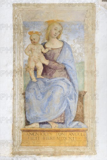 Perugia (Italy, Umbria, province of Perugia), Fontignano district, Church of the Annunziata. Perugino, Madonna Enthroned with Child, (the author's last work), fresco