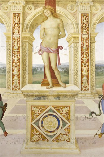 Panicale (Italy, Umbria, province of Perugia), Church of San Sebastiano. Perugino, Martyrdom of San Sebastiano, fresco, 1505. Detail